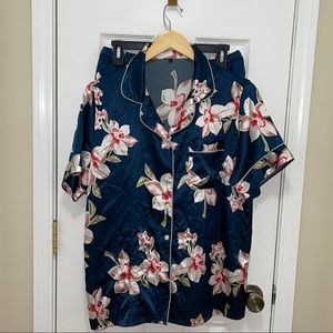 Satin Navy Floral Two Piece Lounge / Pajama Set